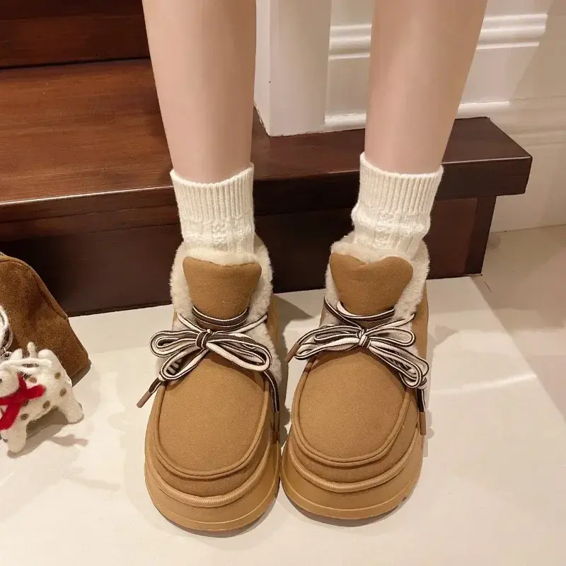 Women's Fashion Flat Snow Boots Winter New Round Head Suede Front Strap Non-slip Comfortable Thick Soled Cotton Shoes