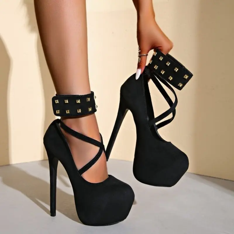 Women's Fashion Thin Heel Shoes Spring New Round Head Shallow Mouth Suede Rivet Thick Soles Non-slip High Heels