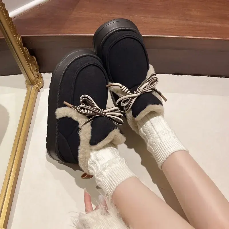 Women's Fashion Flat Snow Boots Winter New Round Head Suede Front Strap Non-slip Comfortable Thick Soled Cotton Shoes