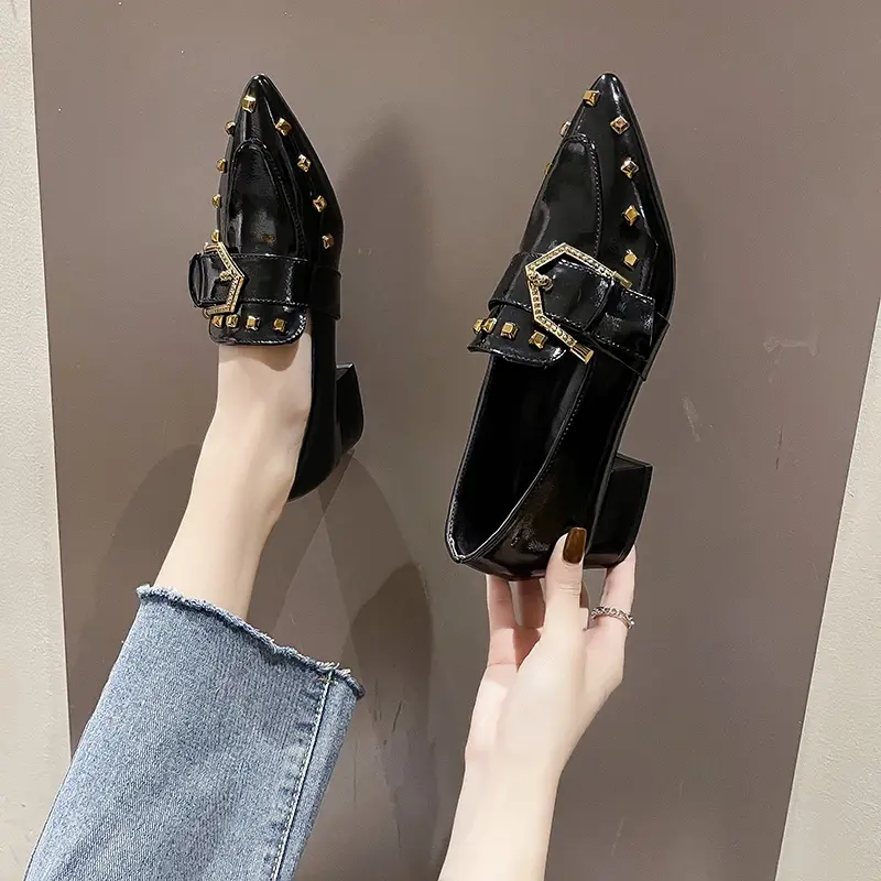 Women's Spring New Slip-on Single Shoes Fashion Pointed Toe Block Heel Fashion Rivet Metal Buckle Simple Kitten Heel Shoes