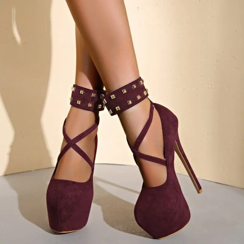 Women's Fashion Thin Heel Shoes Spring New Round Head Shallow Mouth Suede Rivet Thick Soles Non-slip High Heels