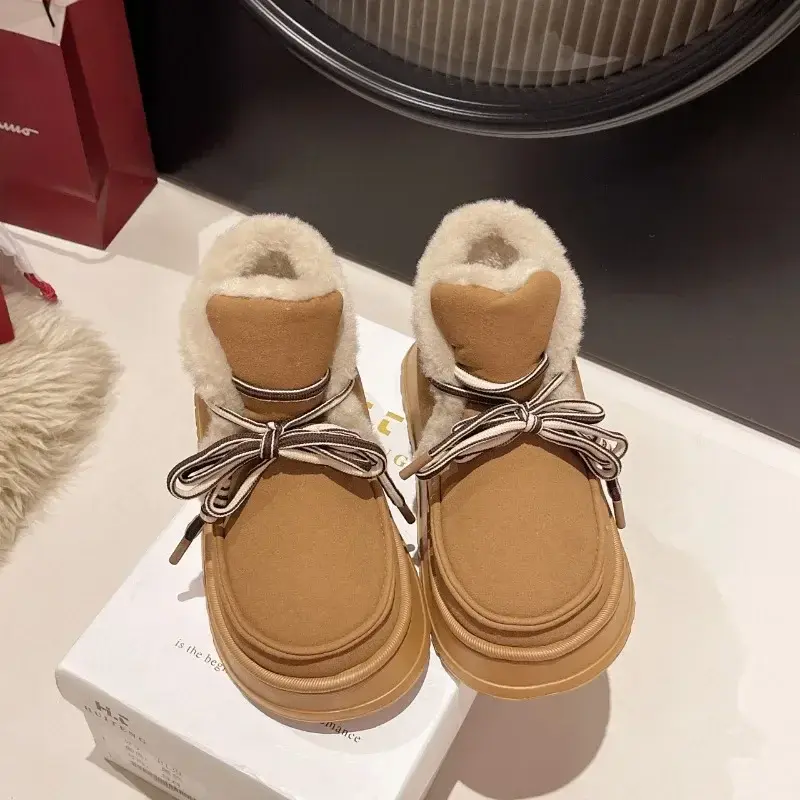 Women's Fashion Flat Snow Boots Winter New Round Head Suede Front Strap Non-slip Comfortable Thick Soled Cotton Shoes