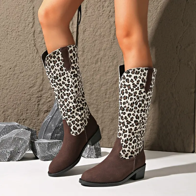 Plus Size Western Cowboy Boots Women's Retro Fall New Pointed Toe Mid-Tube Leopard Print Paneled Knight Boots