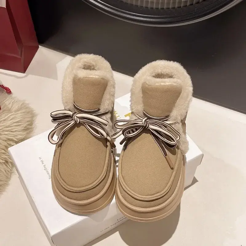Women's Fashion Flat Snow Boots Winter New Round Head Suede Front Strap Non-slip Comfortable Thick Soled Cotton Shoes