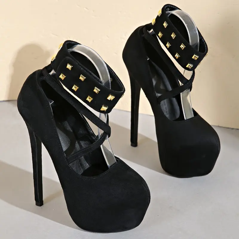 Women's Fashion Thin Heel Shoes Spring New Round Head Shallow Mouth Suede Rivet Thick Soles Non-slip High Heels