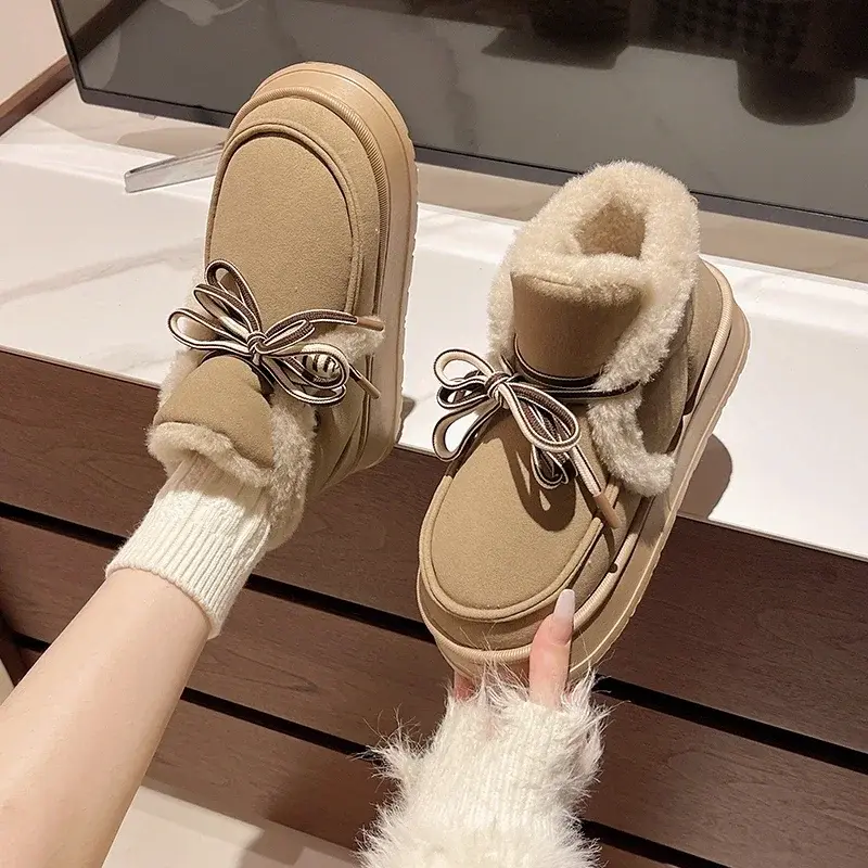 Women's Fashion Flat Snow Boots Winter New Round Head Suede Front Strap Non-slip Comfortable Thick Soled Cotton Shoes