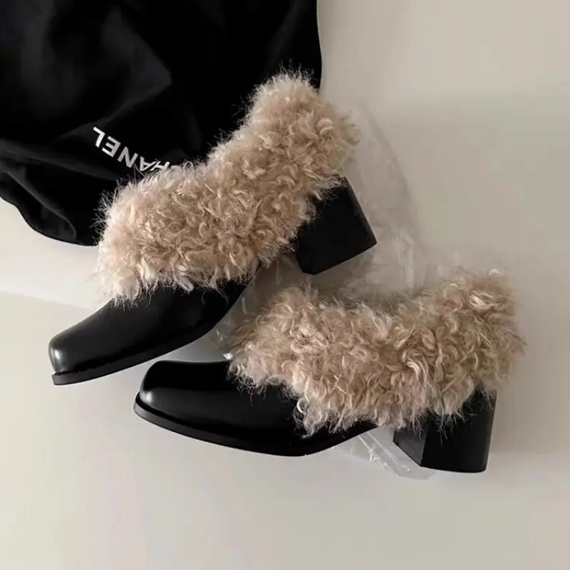 Women's Fashion Thick Heel Cotton Shoes Winter New Square Head Deep Mouth Leather Anti-slip Wear Woolen Shoes