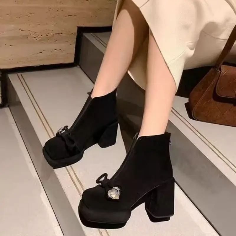 Women's Thick Heel Cotton Boots New Winter Square Head Suede Crystal Buckle Thick Sole Back Zipper Non-slip Short Boots