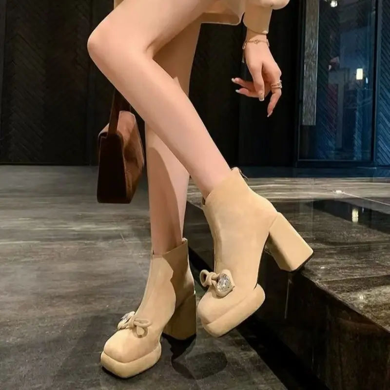 Women's Thick Heel Cotton Boots New Winter Square Head Suede Crystal Buckle Thick Sole Back Zipper Non-slip Short Boots