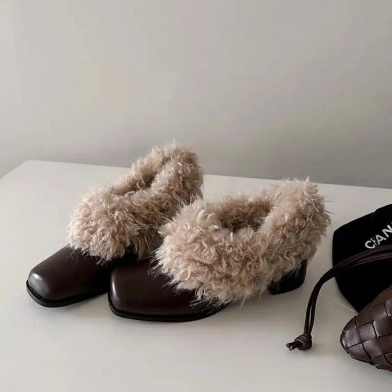 Women's Fashion Thick Heel Cotton Shoes Winter New Square Head Deep Mouth Leather Anti-slip Wear Woolen Shoes