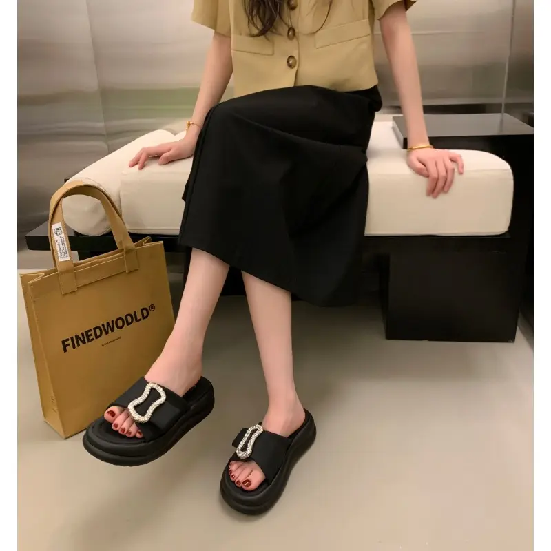 Rhinestone Cross Slippers Women's Summer New Hugh Platform Soled Versatile Beach Sandals Slip-on Shoes