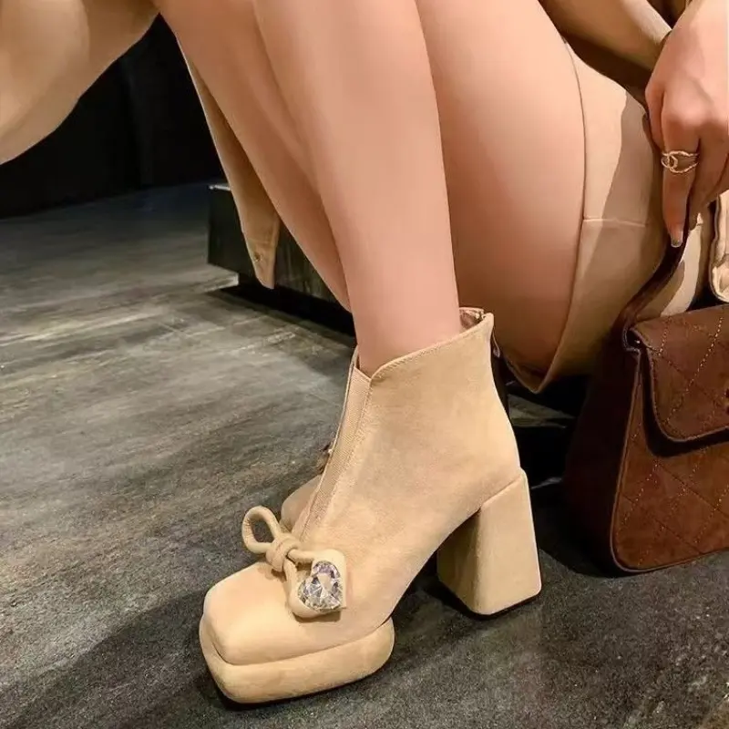 Women's Thick Heel Cotton Boots New Winter Square Head Suede Crystal Buckle Thick Sole Back Zipper Non-slip Short Boots