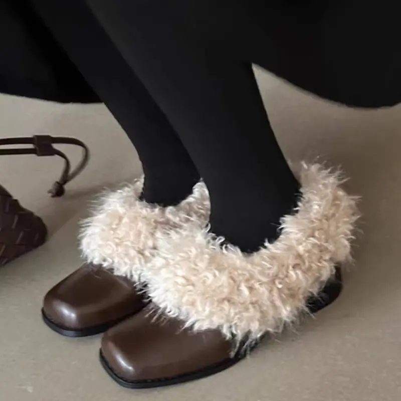 Women's Fashion Thick Heel Cotton Shoes Winter New Square Head Deep Mouth Leather Anti-slip Wear Woolen Shoes