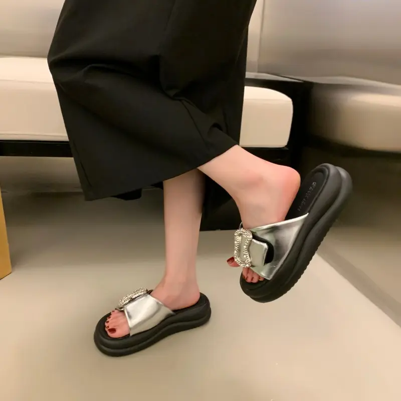 Rhinestone Cross Slippers Women's Summer New Hugh Platform Soled Versatile Beach Sandals Slip-on Shoes