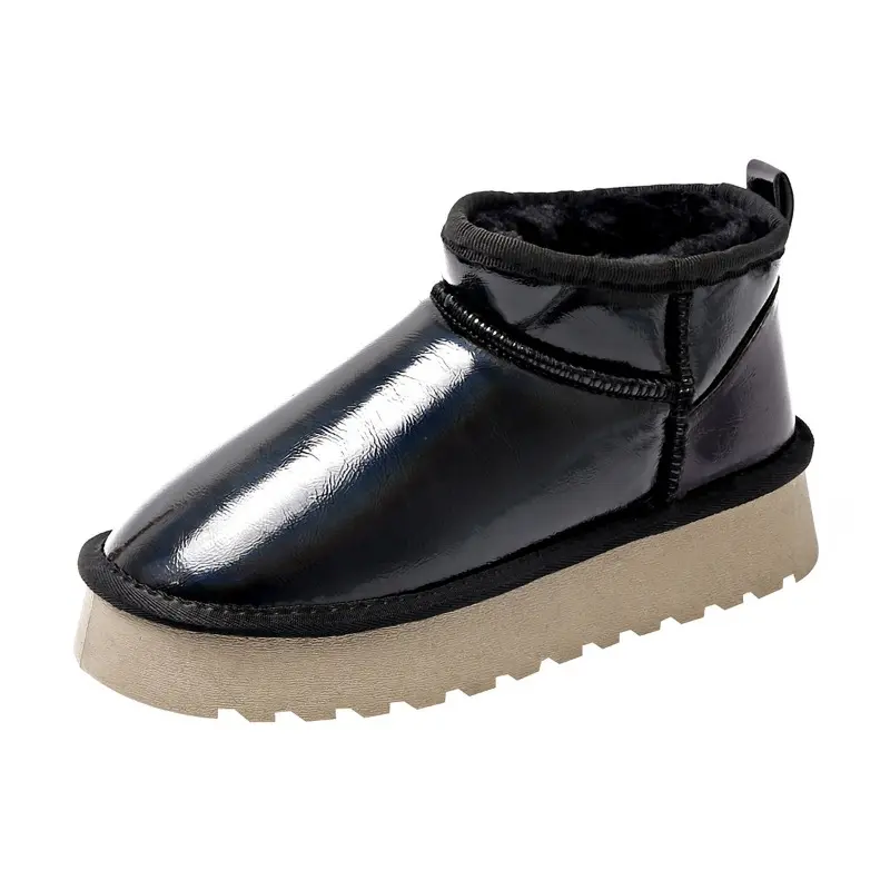 Women's Fashion Thick Snow Boots Winter New Round Head Bright Leather Sleeve Warm Non-slip Cotton Shoes