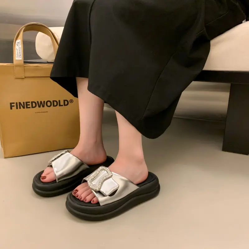 Rhinestone Cross Slippers Women's Summer New Hugh Platform Soled Versatile Beach Sandals Slip-on Shoes