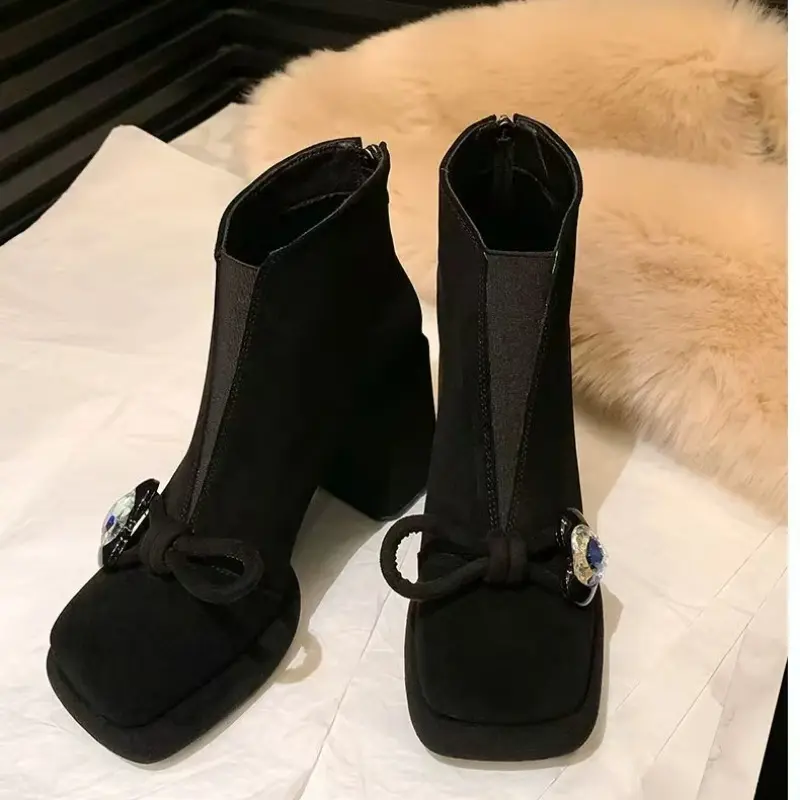 Women's Thick Heel Cotton Boots New Winter Square Head Suede Crystal Buckle Thick Sole Back Zipper Non-slip Short Boots