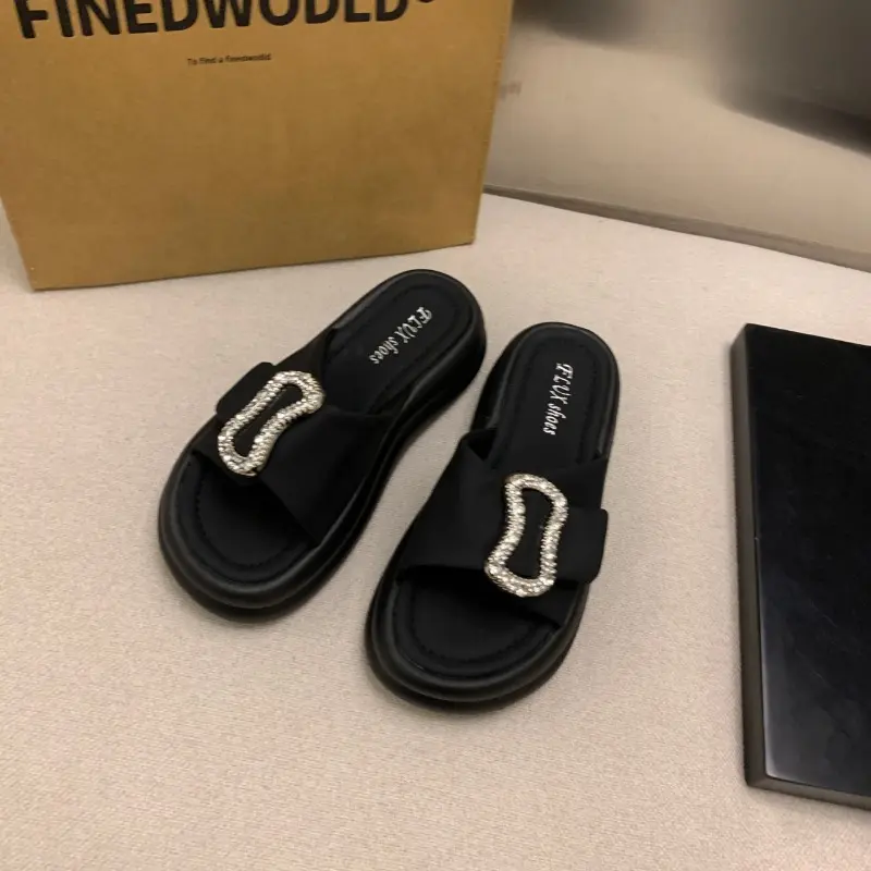 Rhinestone Cross Slippers Women's Summer New Hugh Platform Soled Versatile Beach Sandals Slip-on Shoes