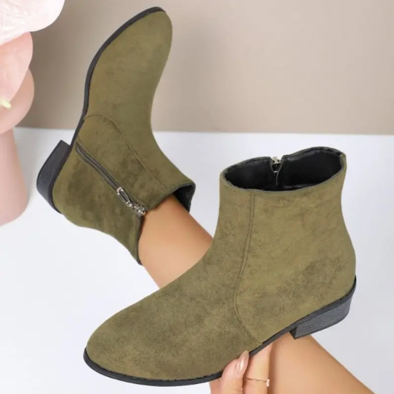 Women's Fashion Thick Heel Cotton Boots Winter New Round Head Suede Side Zipper Anti-slip Wear-resistant Short Boots