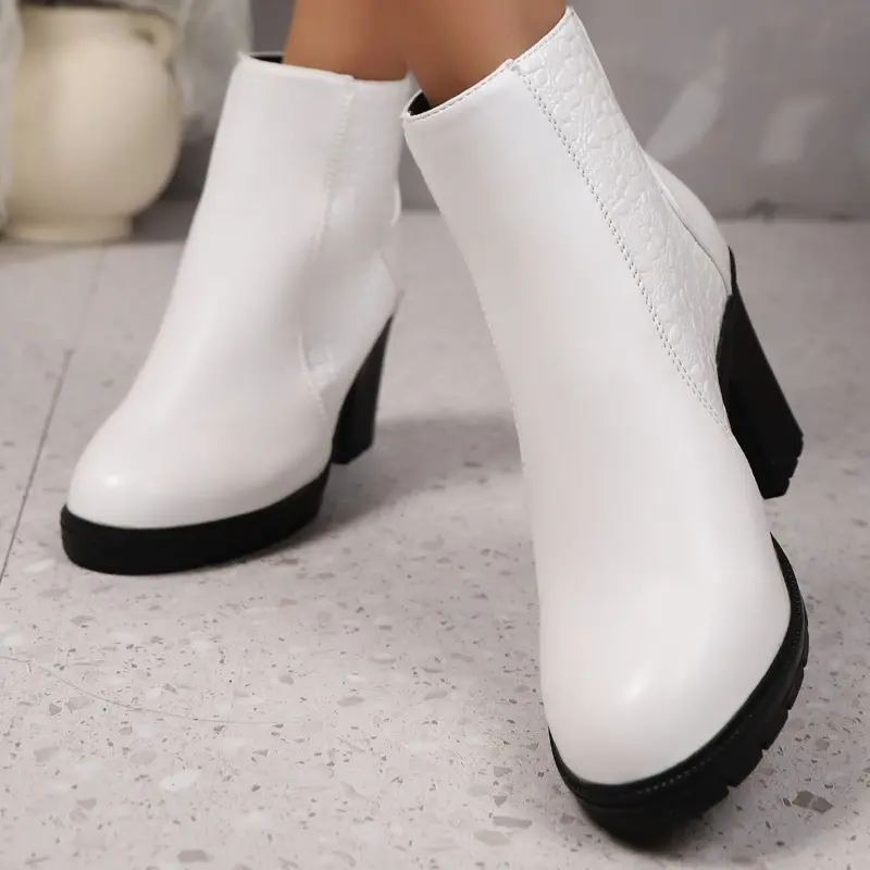 Block Heel Single Boots Autumn New Round Toe Platform Rear Zip Anti-Slip Wear-Resistant Block Heel Pump Shoes