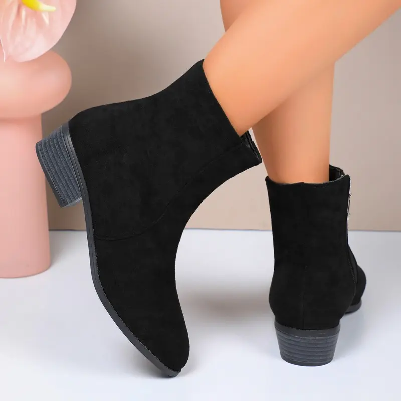 Women's Fashion Thick Heel Cotton Boots Winter New Round Head Suede Side Zipper Anti-slip Wear-resistant Short Boots