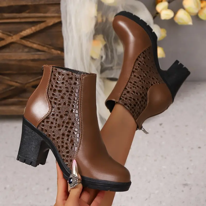 Block Heel Single Boots Autumn New Round Toe Platform Rear Zip Anti-Slip Wear-Resistant Block Heel Pump Shoes