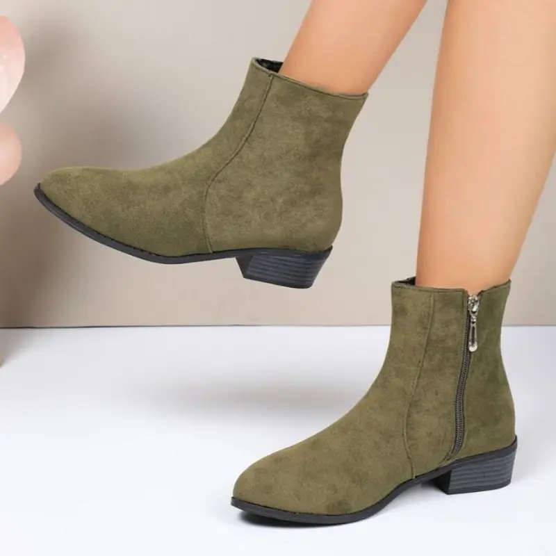 Women's Fashion Thick Heel Cotton Boots Winter New Round Head Suede Side Zipper Anti-slip Wear-resistant Short Boots