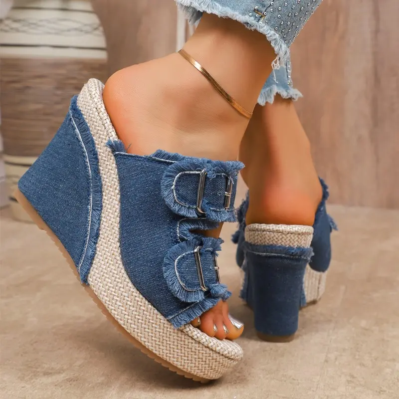 Women's Denim Platform Flip-Flops Summer New Round Toe Open Toe Metal Belt Buckle Slide-Proof Heels