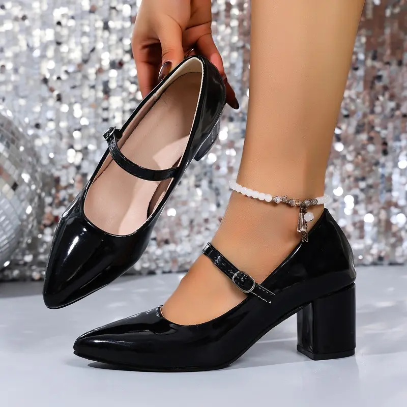 Fashion Block Heel Single Shoes Autumn New Pointed Toe Shallow Mouth One Strap Anti-slip Wear-resistant High Heels