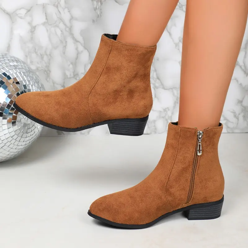 Women's Fashion Thick Heel Cotton Boots Winter New Round Head Suede Side Zipper Anti-slip Wear-resistant Short Boots