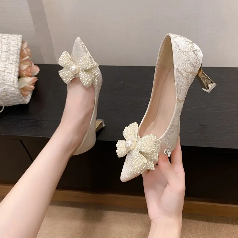 Banquet Single Shoes Autumn New Pointed Toe Shallow Mouth Knit Bow Pop Foot Non-Slip Fashion Stiletto Heels