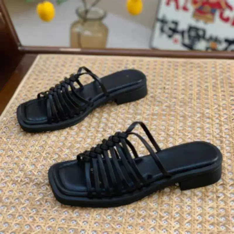 Fashion Outer Slippers Summer New Square Toe Open Toe Cross Slim Strap Simple Versatile Soft Sole Low Heel Sandals