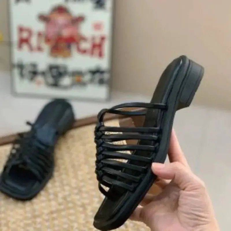 Fashion Outer Slippers Summer New Square Toe Open Toe Cross Slim Strap Simple Versatile Soft Sole Low Heel Sandals