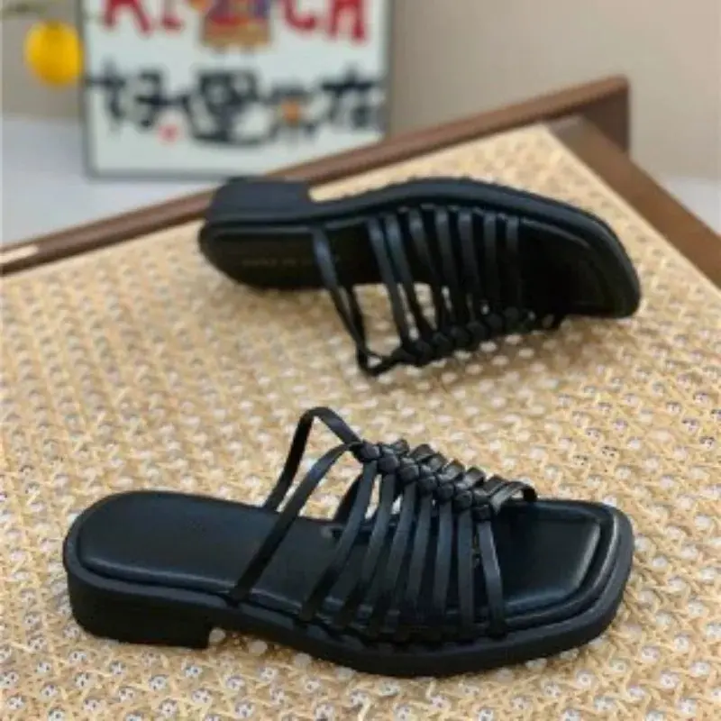 Fashion Outer Slippers Summer New Square Toe Open Toe Cross Slim Strap Simple Versatile Soft Sole Low Heel Sandals