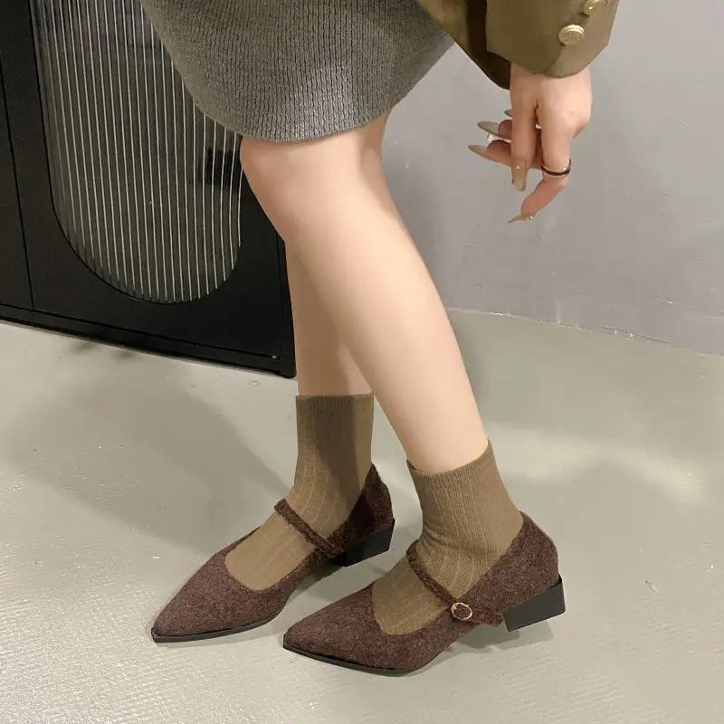 Autumn New Coarse Heel Shoes Women's Fashion Pointed Shallow Mouth Suede Anti-slip Wear-resistant Low-top Shoes