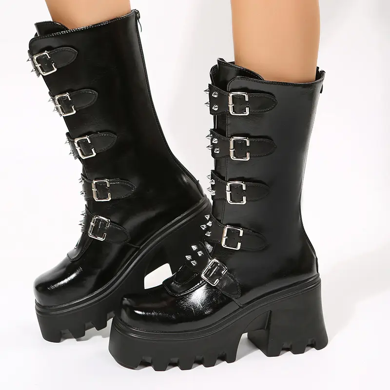 Women's New Autumn Chunky Mid-calf Boots Round Head Rivet Belt Buckle Thick Sole Anti-slip Wear-resistant High Heel Boots