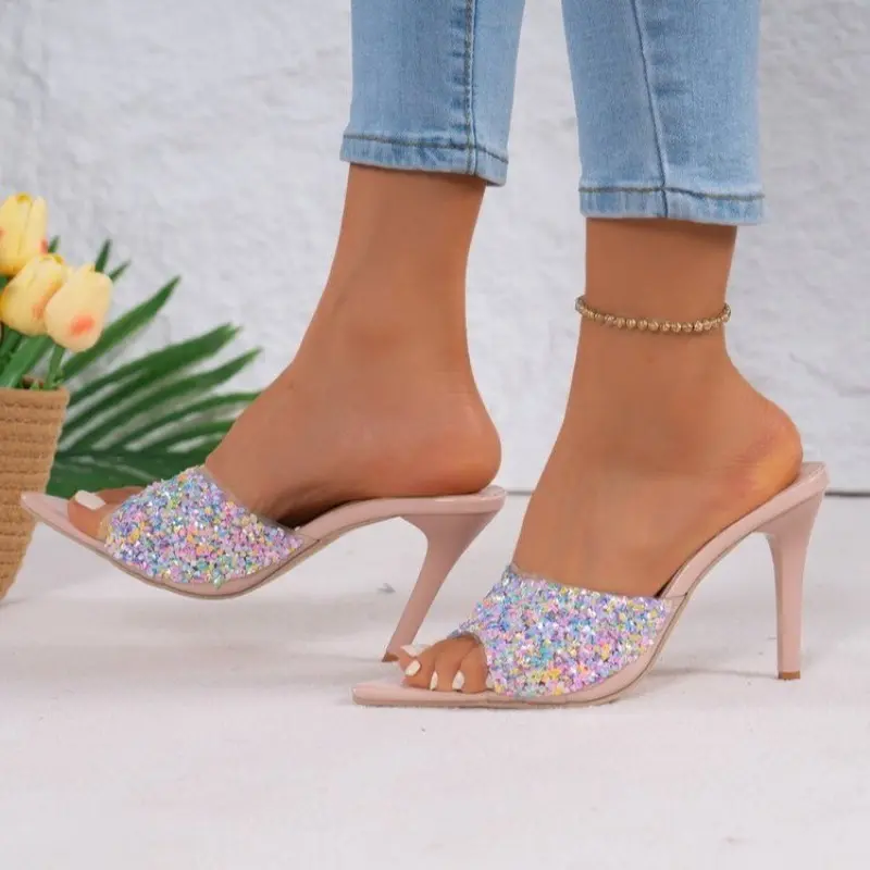Temperament Slippers Women Summer New Pointed Toe Open Toe Rhinestone Outside Wear Slip Anti-Slip Wear-Resistant Stiletto