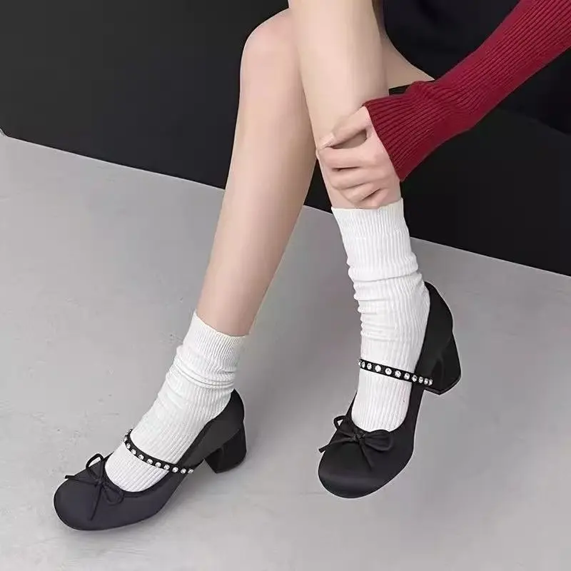 New Round Bow Rhinestone Strap High-heeled Mary Jane Shoes Women's Shallow Mouth Fairy Wind Non-slip Single Shoes