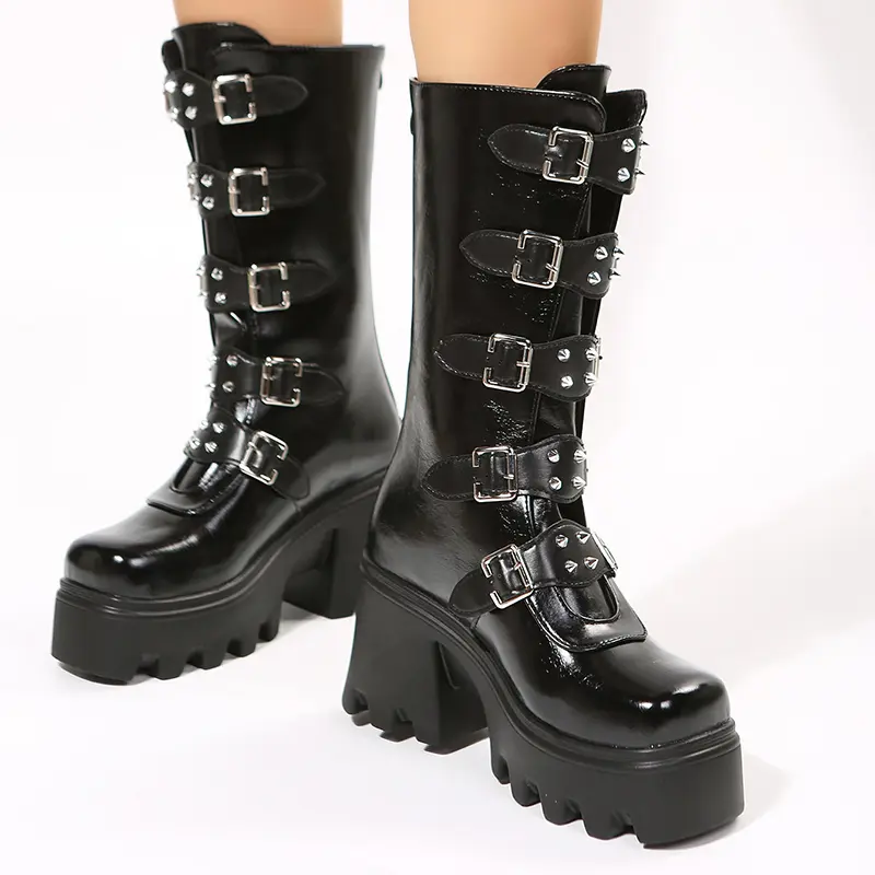 Women's New Autumn Chunky Mid-calf Boots Round Head Rivet Belt Buckle Thick Sole Anti-slip Wear-resistant High Heel Boots
