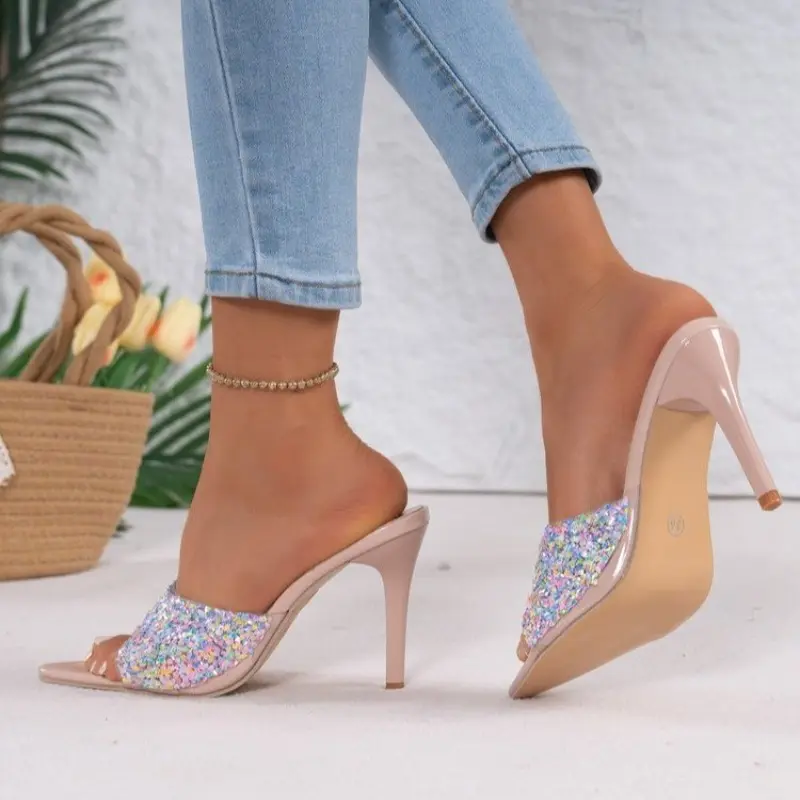 Temperament Slippers Women Summer New Pointed Toe Open Toe Rhinestone Outside Wear Slip Anti-Slip Wear-Resistant Stiletto