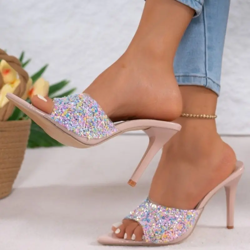 Temperament Slippers Women Summer New Pointed Toe Open Toe Rhinestone Outside Wear Slip Anti-Slip Wear-Resistant Stiletto