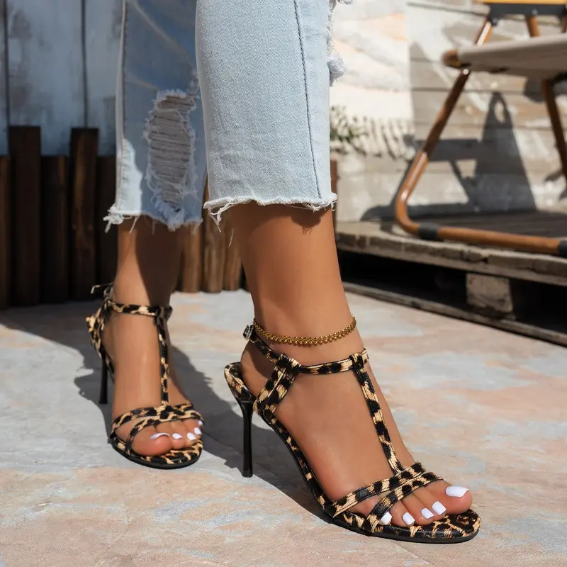 Women's Fashion Stiletto Sandals Summer New Round Toe Open Toe Leopard Strap Anti-slip Wear-resistant High Heels