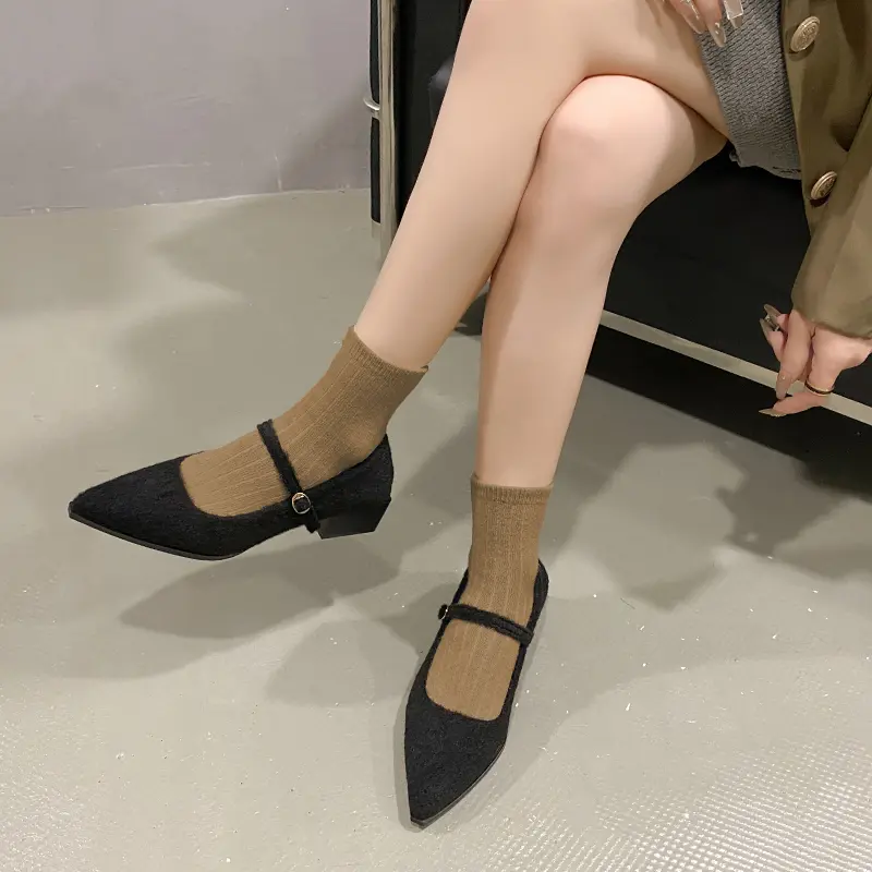 Autumn New Coarse Heel Shoes Women's Fashion Pointed Shallow Mouth Suede Anti-slip Wear-resistant Low-top Shoes