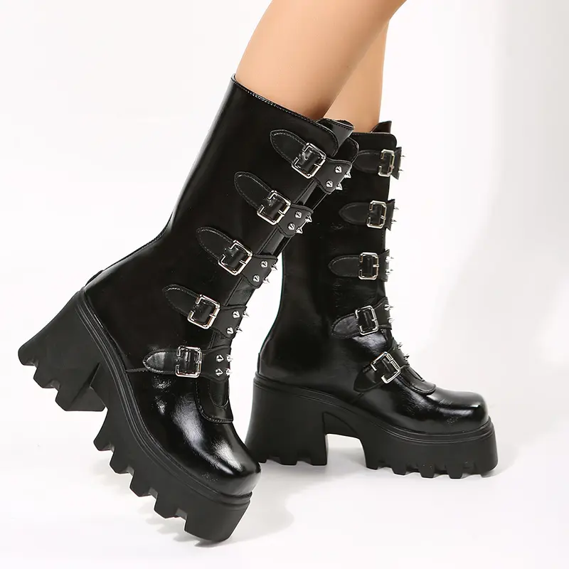 Women's New Autumn Chunky Mid-calf Boots Round Head Rivet Belt Buckle Thick Sole Anti-slip Wear-resistant High Heel Boots