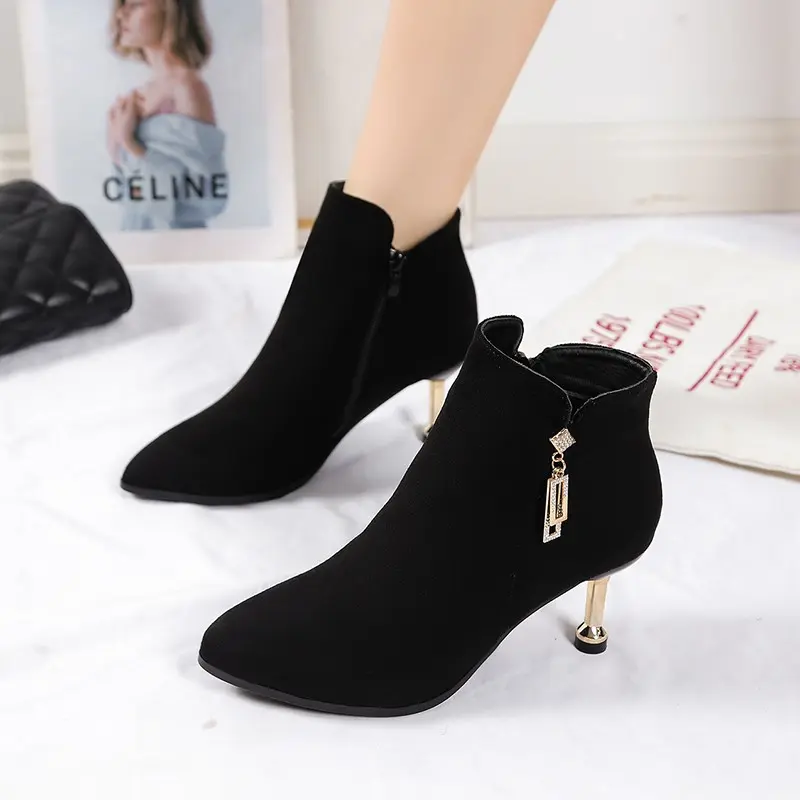Women's Fashion Slim Heel Single Boots Winter New Pointed Side Zipper Metal Buckle Anti-slip Wear-resistant Short Boots