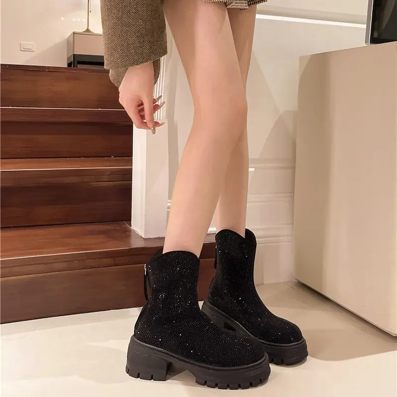 Winter New Thick Heel Snow Boots Women's Round Head Full Drill Back Zipper Thick Sole Anti-slip Wear-resistant Short Boots