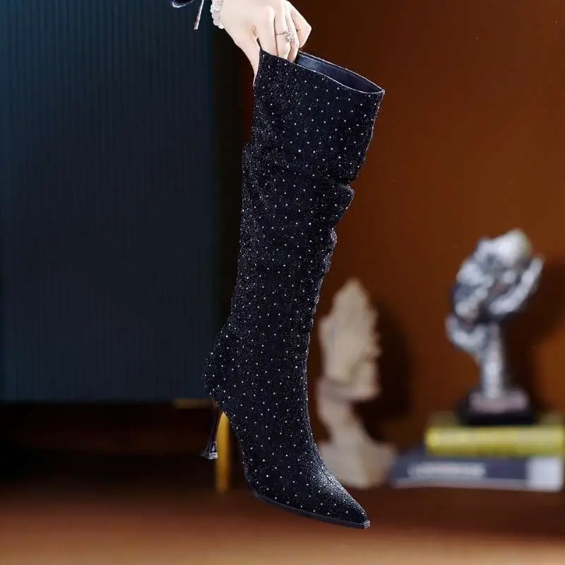 Women's New Autumn Thin Heel Single Boots Fashion Pointed Sleeve Sequin Cloth Anti-slip Wear-resistant Boots
