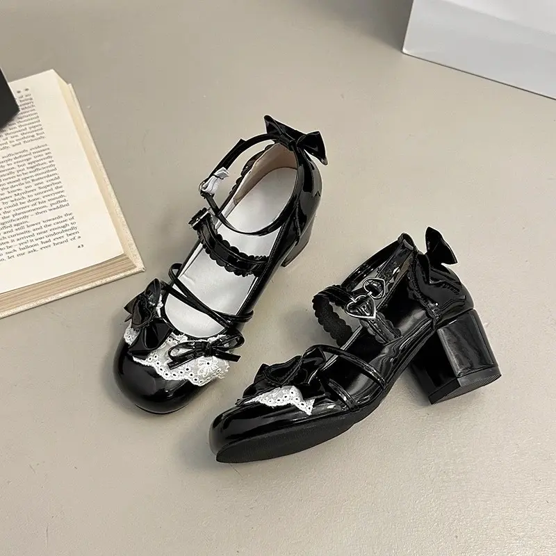 Bow Mary Janes Autumn New Round Toe Light Mouth One Strap Color Block Non-Slip Block Heel Single Shoes