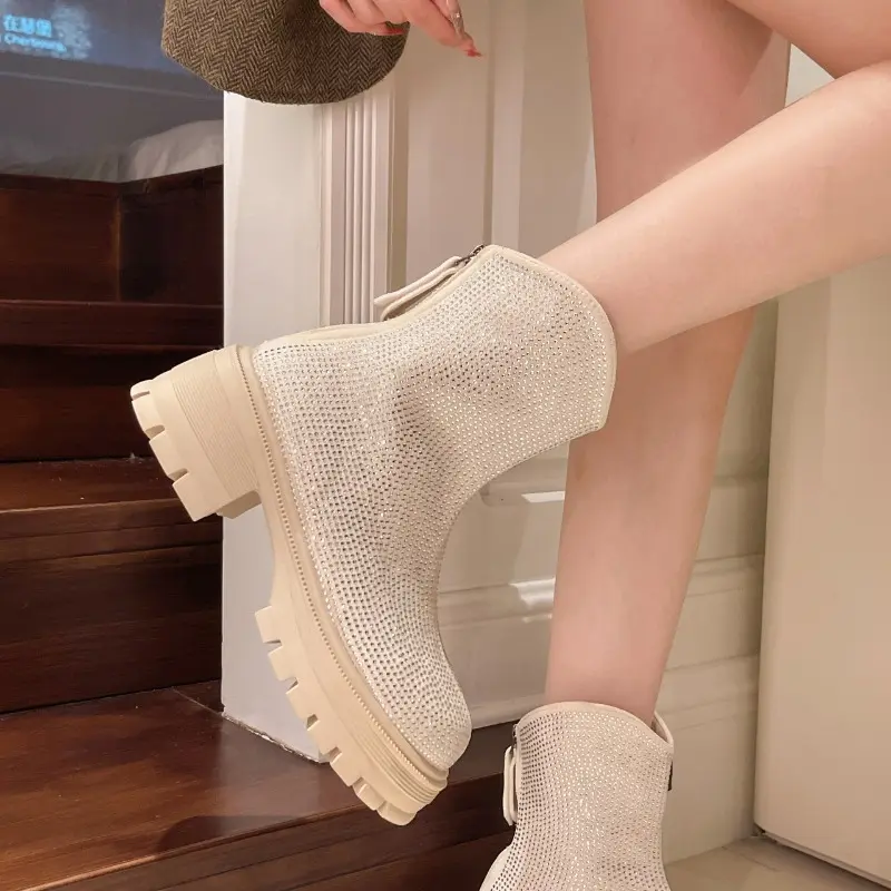 Winter New Thick Heel Snow Boots Women's Round Head Full Drill Back Zipper Thick Sole Anti-slip Wear-resistant Short Boots