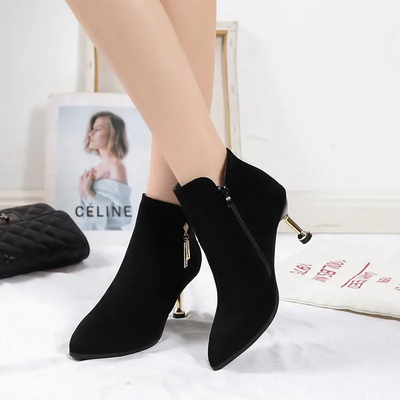 Women's Fashion Slim Heel Single Boots Winter New Pointed Side Zipper Metal Buckle Anti-slip Wear-resistant Short Boots